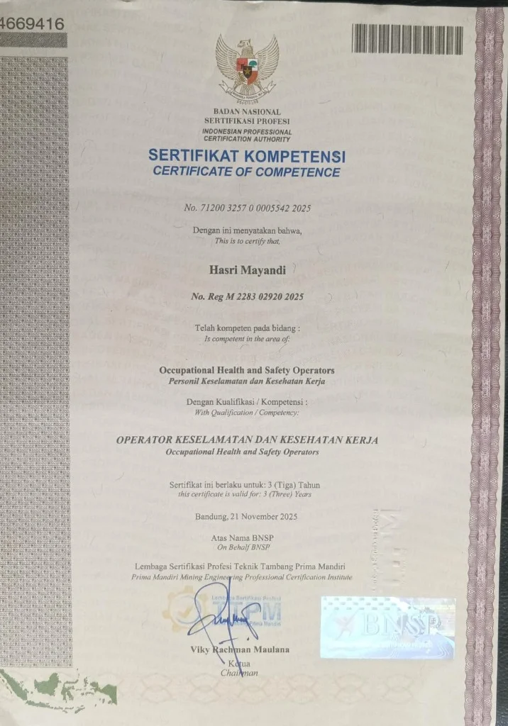 Sertifikat Kompetensi BNSP - Operator K3