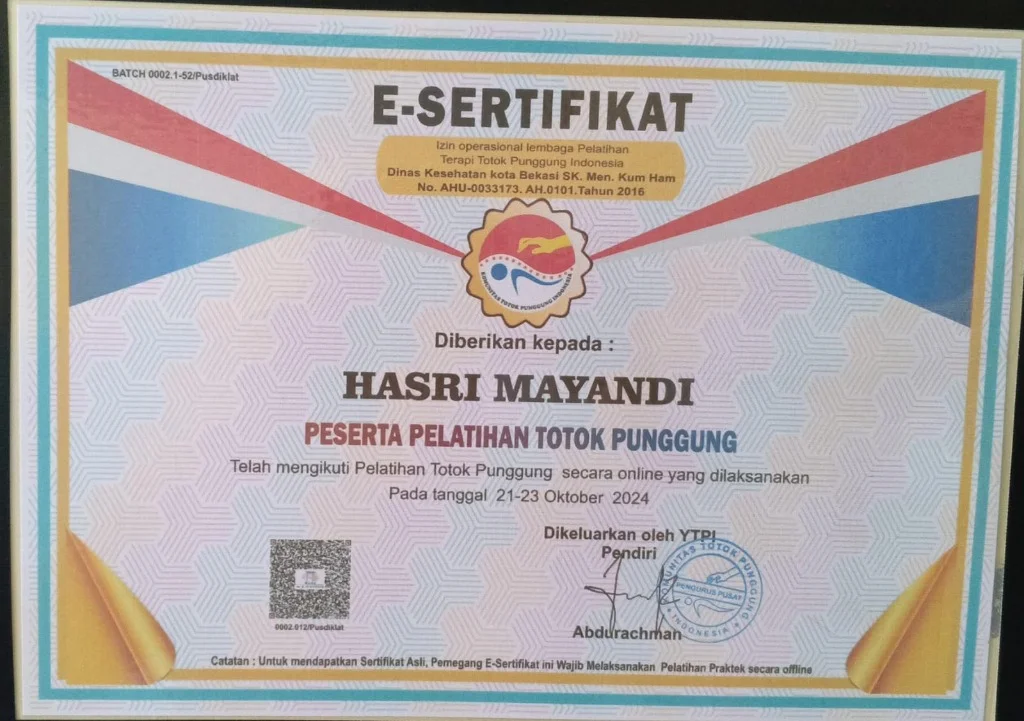 E-Sertifikat Pelatihan Totok Punggung